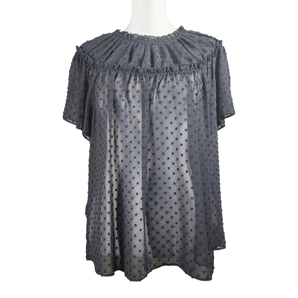 J.Crew‎ Swiss Dot Blouse Top Womens XL Black Sheer Chiffon Peasant Flowy Casual